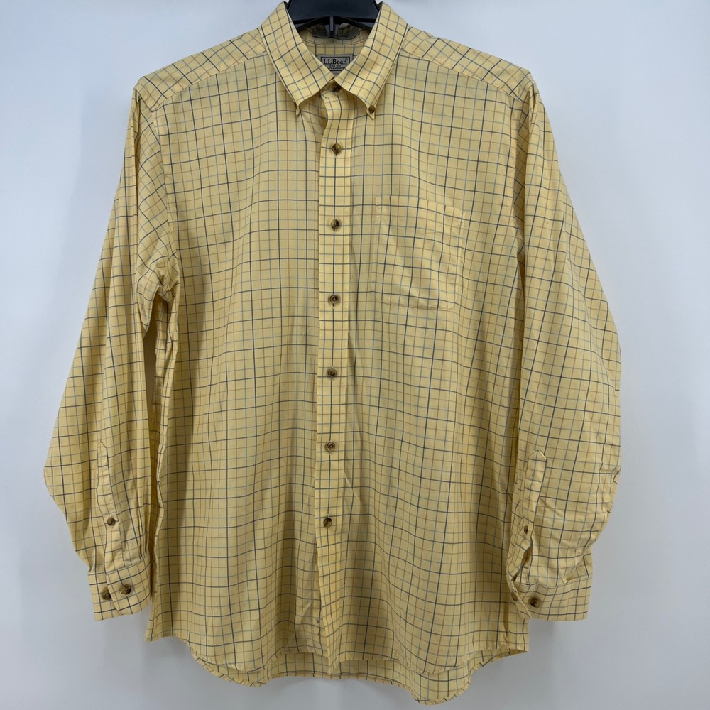 LL Bean Mens Yellow Tattersall Check Button Down Shirt Wrinkle Free L-REG 269337
